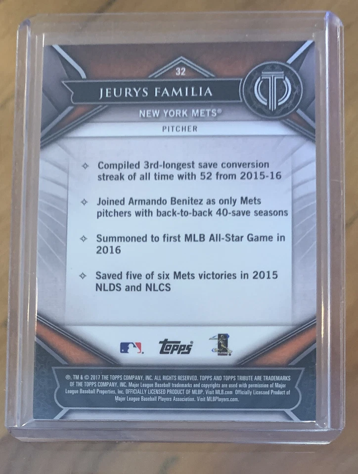 2017 Topps Tribute Jeurys Familia Purple Parallel SP #50/50 Mets - Image 2 of 2