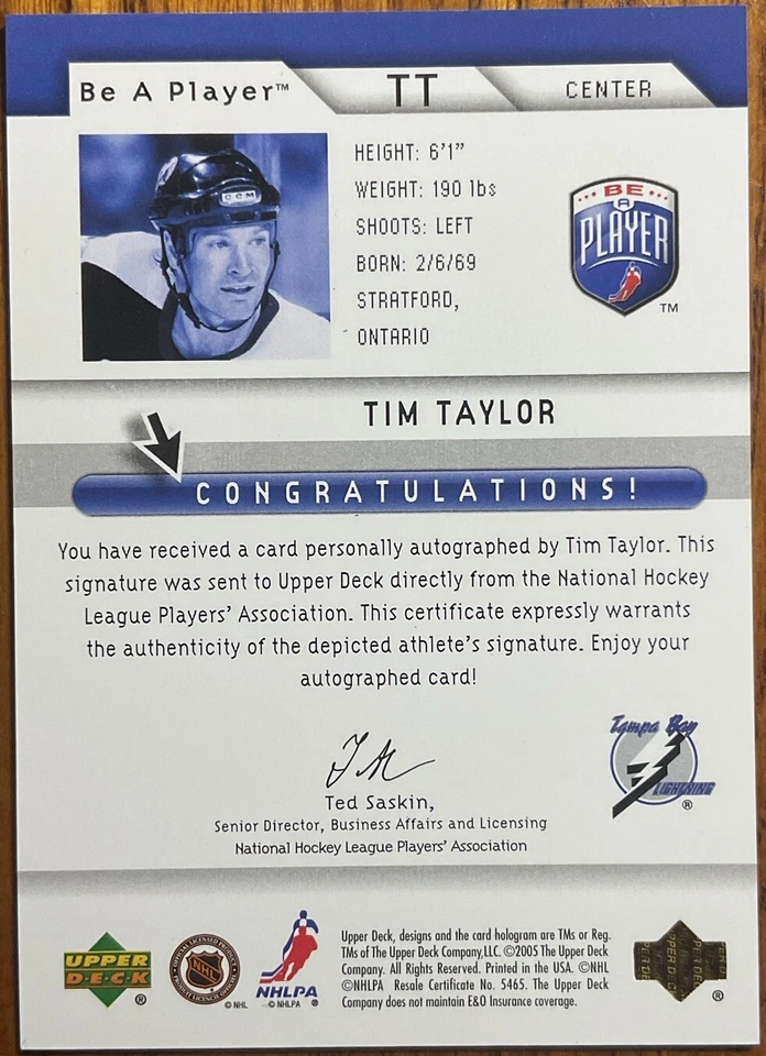 2005-06 Be A Player Signatures Tim Taylor #TT Tampa Bay Lightning - Image 2 of 2
