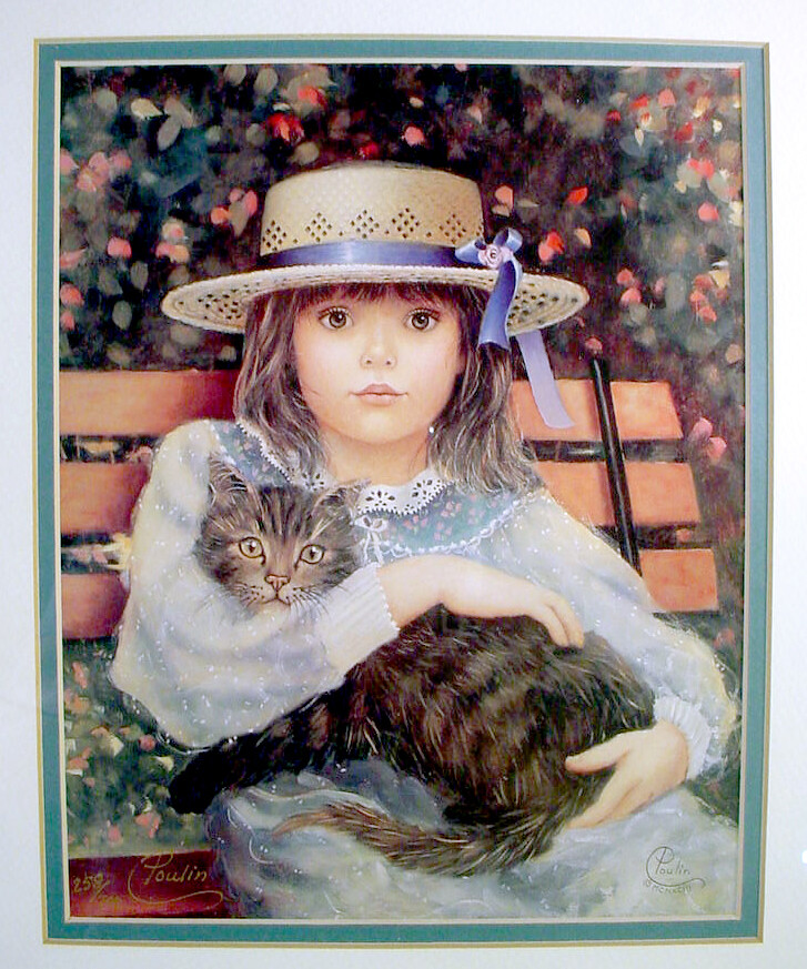 GW特価！ 　 希少洋書　 Le drapé　carnet de dessins Signed CHANTAL POULIN Framed ART Print GIRL Hat CAT Painting