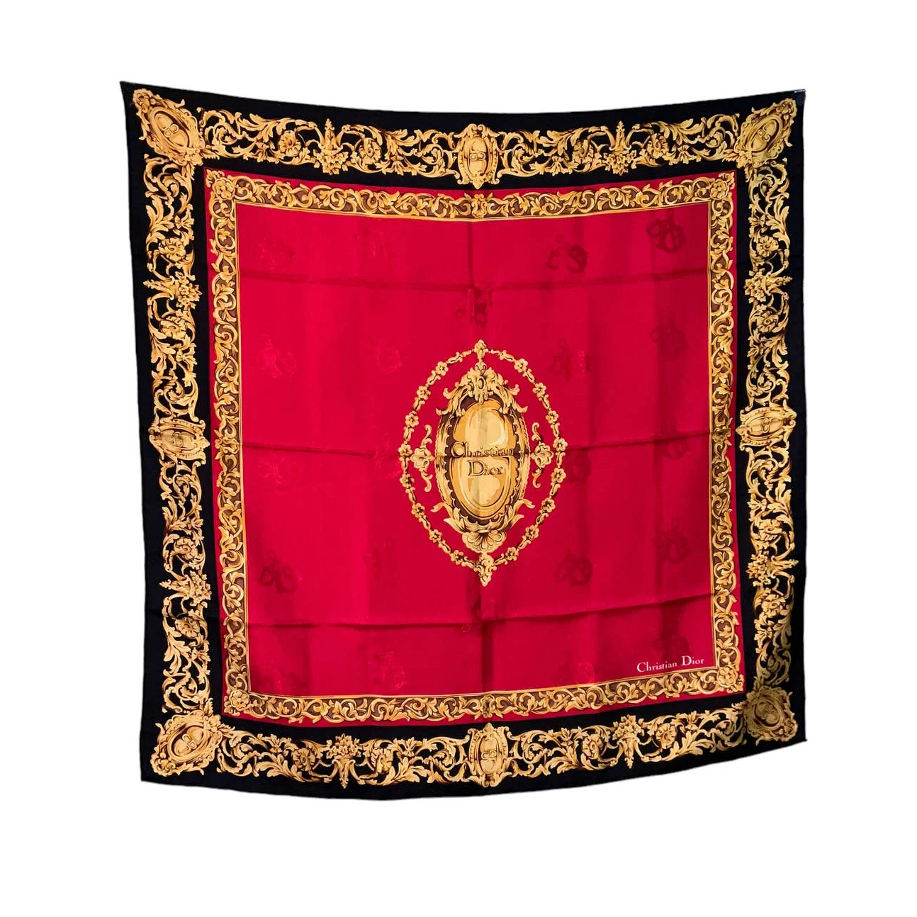 Foulard femme Christian Dior enveloppe tête or rouge monogramme imprimé 100 % soie.