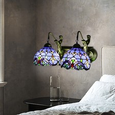 Indoor Tiffany Bathroom Vanity 2 Light Fixture Retro Stained Glass Wall Lighting
