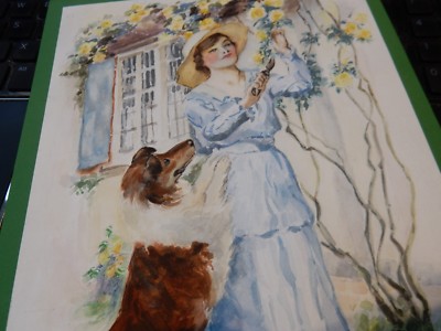 E FOSTER KÜNSTLER AQUARELL 1980ER ÄRA DES EDWARDIANISCHEN MÄDCHENS SCHÄFERHUND LASSIE ROSE