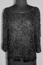Selten 597mS Schwarz Sehr Schwer Blumenmuster Perlen Oberteil Gr&ouml;&szlig;e 38-40