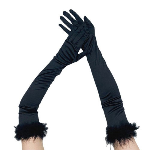 Velvet Cuffs Feathers Full Finger Gloves Elbow Satin Length Opera Gloves Mittens - Picture 5 of 29