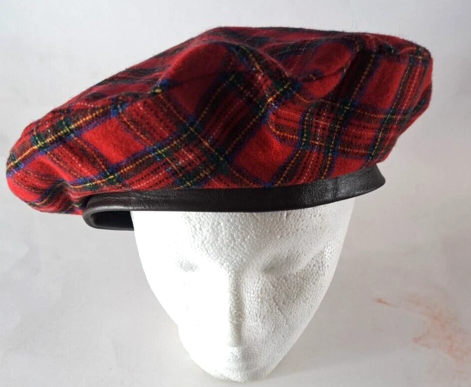 Gorra de golf vintage plana tartán gorra gorro rojo a cuadros lana hecha a mano en EE. UU. 7 1/4 Foto 3 de 4