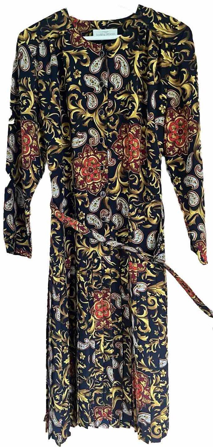 Vintage Marks & Spencer St. Michael Paisley Pleated Midi Dress UK 16 Belted
