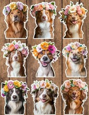 Dog with Floral Crown Die Cut Stickers Set Scrapbooking Laptop Waterbottle