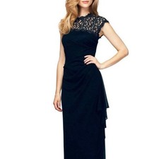 Alex Evenings Navy Blue Metallic Lace Bodice Cocktail Dress Petite Size 8P F10