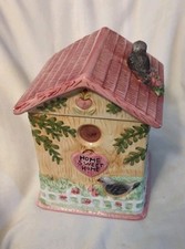 Vintage Robin Bird House Cookie Jar Canister HOME SWEET HOME -- READ