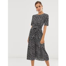 ASOS DESIGN Midi Tie Waist Plisse Dress Mono Spot Print Size US 6
