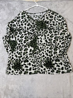 Susan Graver Liquid Knit Top 2X Green Black Animal Print Stretch 3/4 Sleeve