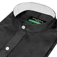 Men's Stage Costume Black Silky Satin Shirt Contrast Trim Band Mandarin Collar