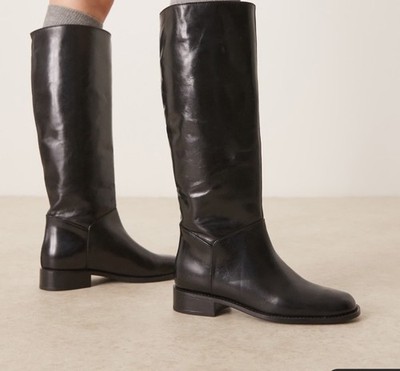Mango Knee High Leather Boots Black 39 8.5 Minimalist Equestrian Clean Girl Chic