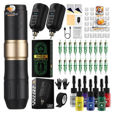 Tattoo Maschine Set Kabellos mit 2 Akkus 1500mAh 20 Cartridges 7 Farben Zubeh&ouml;r