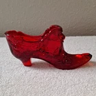 Fenton Ruby Cabbage Rose Glass Slipper Glows 6 In. Long Red Floral Victorian