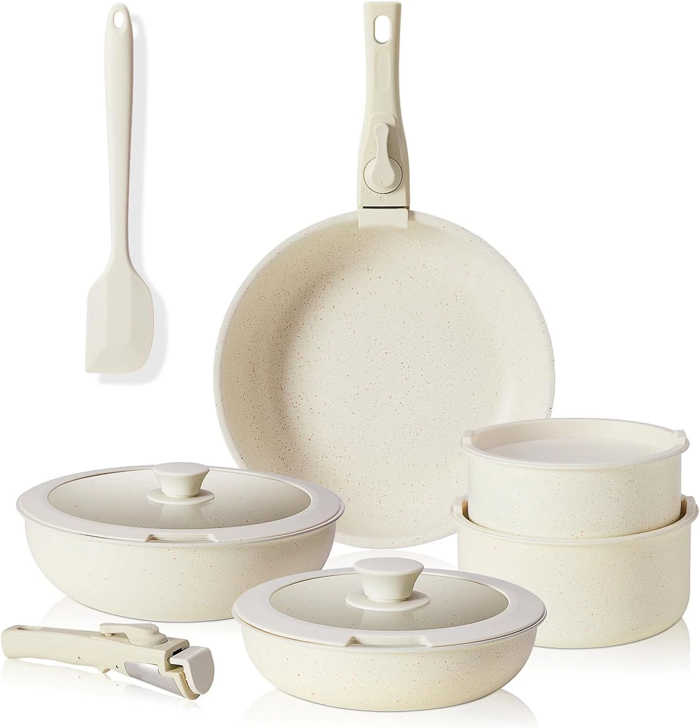 Non-Stick 12-Piece Cookware Set with Detachable Handle - Beige Pots & Pans