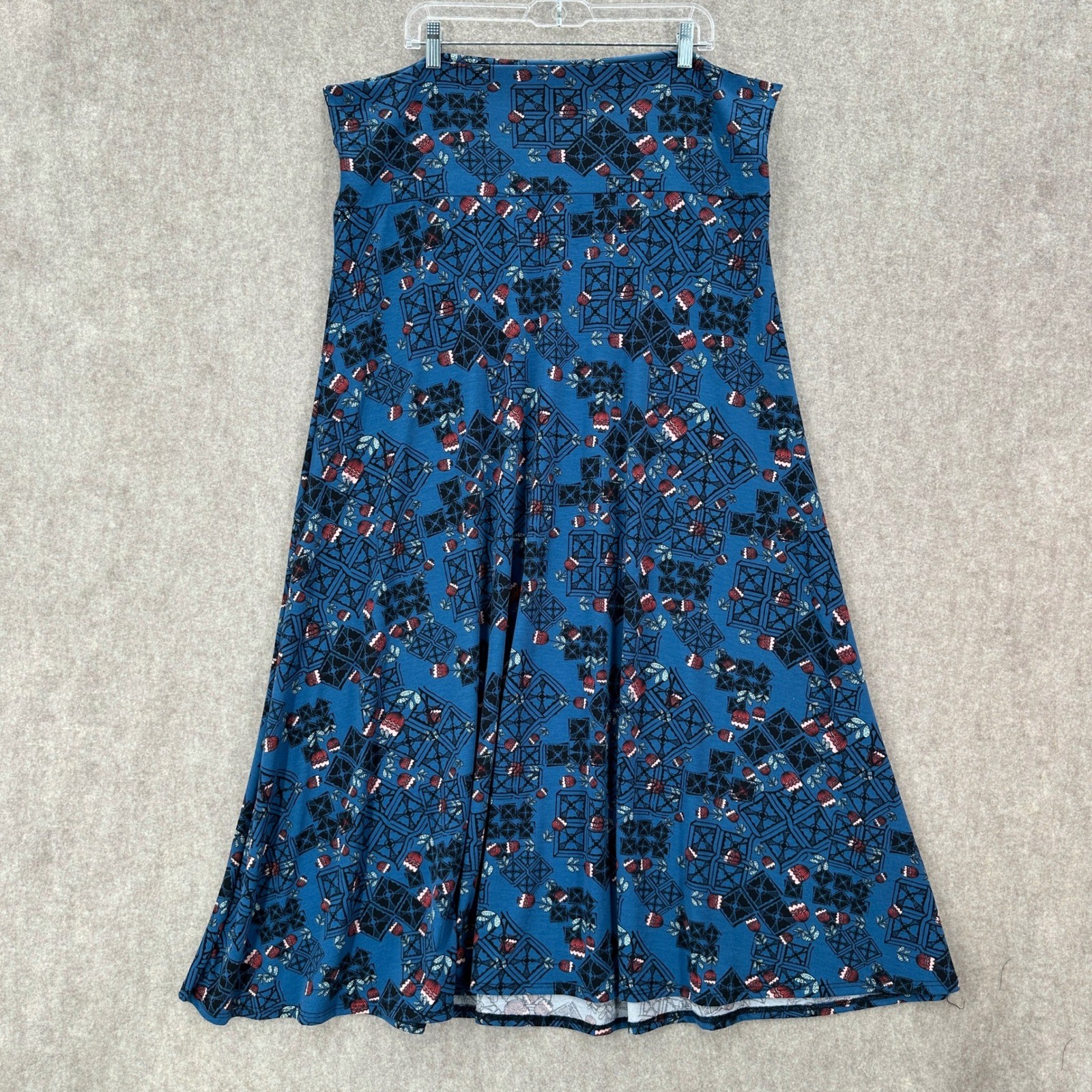 LuLaRoe Maxi Skirt 3XL Blue Floral Geometric Pattern Elastic Waist-image