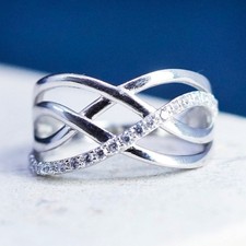 Size 7.25, vintage Sterling silver handmade ring, 925 wavy band with cz