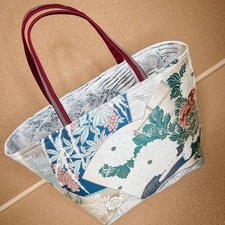 A remade Japanese kimono obi tote bag with floral kimono obi and embroidery