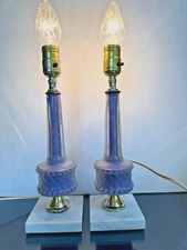 Vtg 1940s Lavender Frosted Glass Boudoir Lamps Marble Base 14" Tall Working Pair