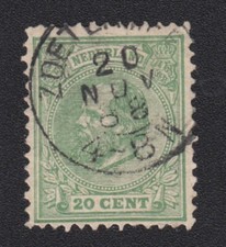 Stamp Nederland 1872-75 20 cent green N° 27 cat. Maury Willem III used 20 nov 88