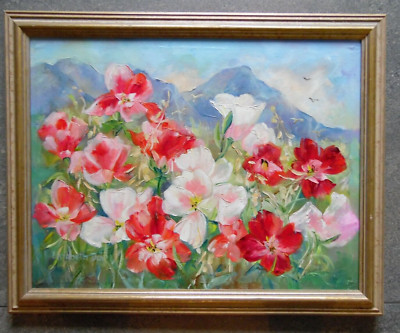 Stillleben der Blumen, Rosen mit bergiger Kulisse Elizabeth Davis Öl