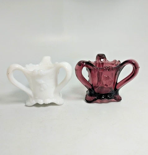 2 Vintage Kemple Amethyst and Milk Glass 3 Handled Toothpick Holders