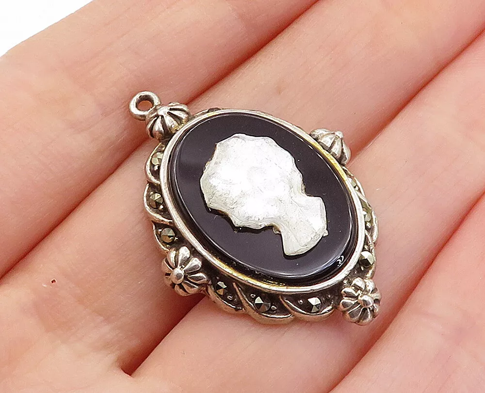 925 Sterling Silver Vintage Mother Of Pearl Black Onyx Cameo