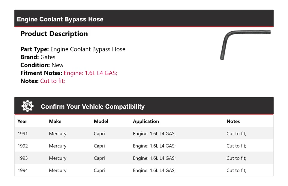 Puertas de manguera de derivación de refrigerante de motor de gas L4 1,6 L Mercury Capri 1991-1994 1992 Foto 2 de 4