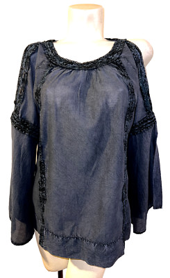 New DU JOUR Top Size M Blue Cold Shoulder Belled Slv BOHO Tunic Shirt Hippie