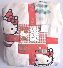 Hello Kitty Christmas Tree Santa Hat Red Bow TWIN 60x90 WHITE Throw Blanket NWT
