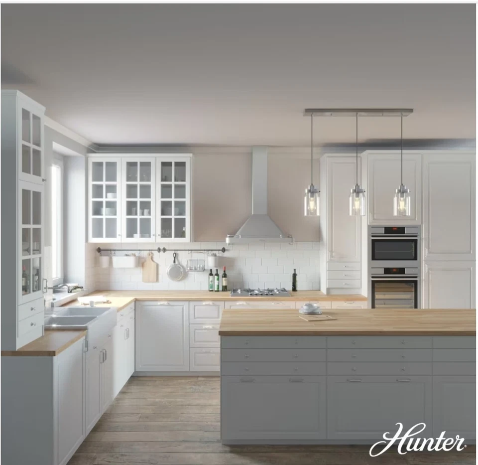 Island Pendent - 3 luces de níquel cepillado de la colección Devon Park - Hunter Foto 2 de 4