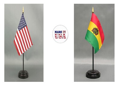 Made in the USA--1 American & 1 Country Rayon 4''x6'' Office Desk Flag & 2 Stands