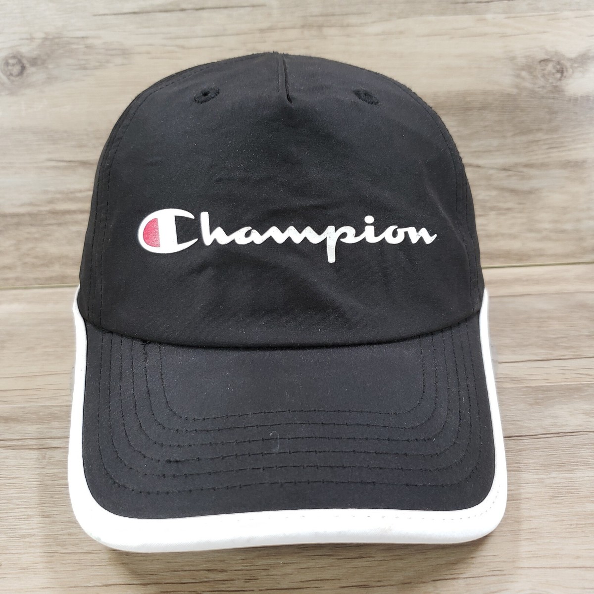 Champion Hat Cap Strap Back Lightweight Black Spell Out Logo