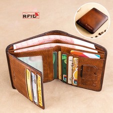 Genuine Leather Trifold RFID Wallet For Men Credit Card ID Holder Retro Purse