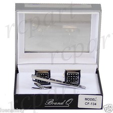 New in box Brand Q formal Men's Cuff links tie clip set black silver studs
