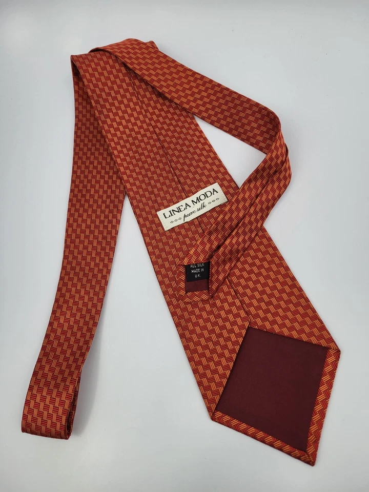 Corbata de lino moda seda roja naranja geométrica para hombre 57 x 3,75 Foto 4 de 4
