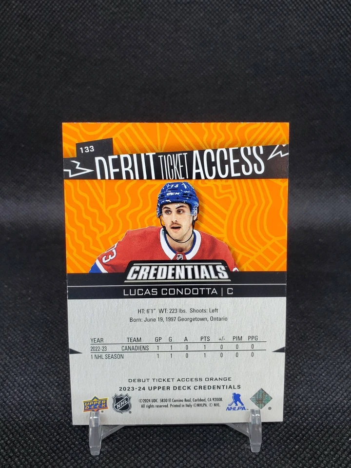 2023-24 Upper Deck Credentials Lucas Condotta 133 Debut Ticket Access Orange - Image 2 of 2