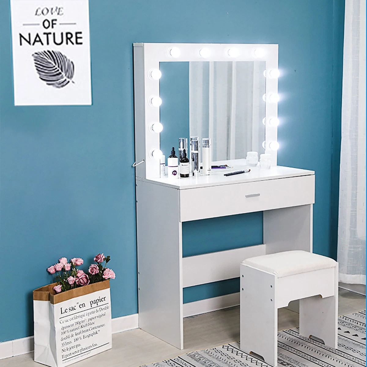 White Makeup Vanity Table Set with Lights Mirror and 1 Drawer Dressing Desk