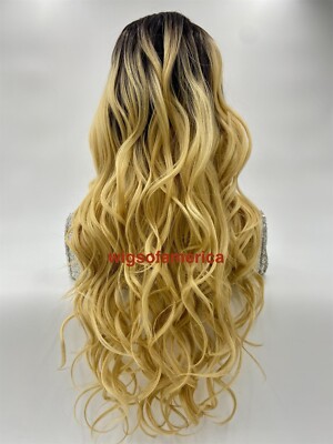 Golden Blonde Wig Ombré Dark Brown Curly Lace Front Middle  display picture 1