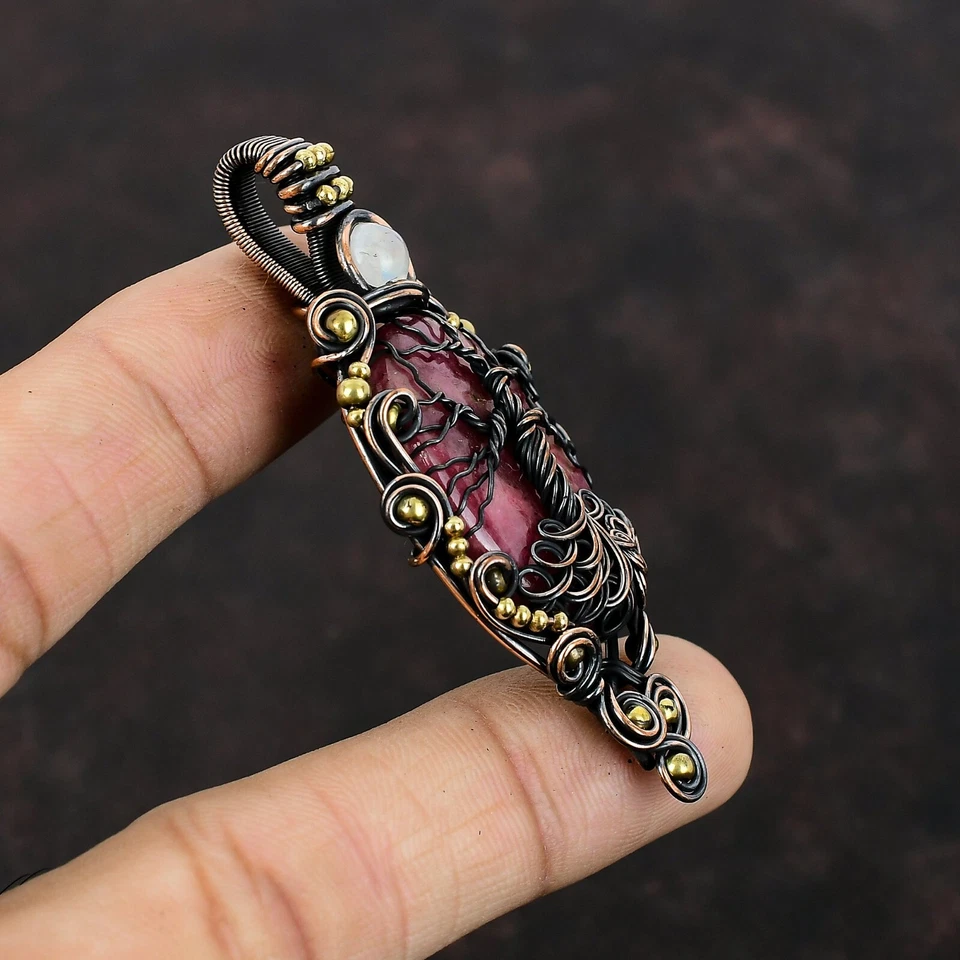 Rhodonite Jewelry Copper Gift For Bestie Wire Wrapped Tree Of Life Pendant 2.76" - Image 2 of 4