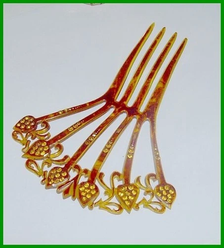 Vintage Dark Amber Celluloid Hair Comb w/Topaz RS