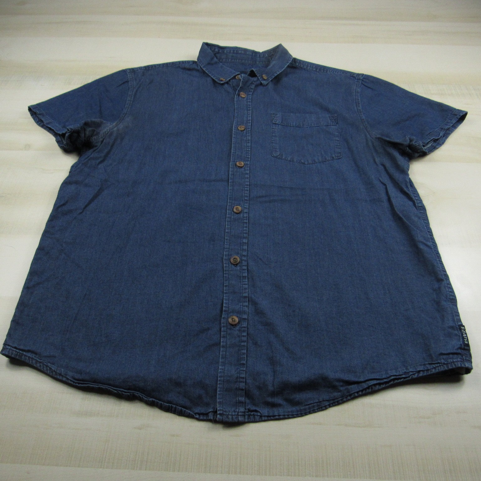 S Large Blue Denim Button Down Organic Cotton Casual *stains