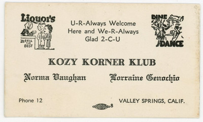 1920s-30s Kozy Korner Klub Bar Valley Springs, CA Business Card F219