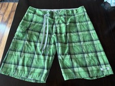 Oakley Board Shorts; Size 36; Men  s Green Plaid Swim Trunks; Adjustable String