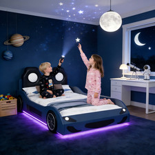 Wood Twin Size Race Car Bed w/ LED Upholstered Backrest for Kids