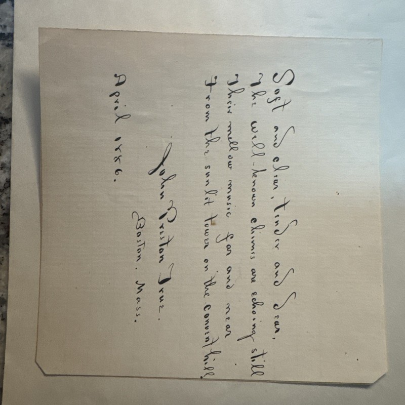 John Preston True Signed Handwritten Poem Boston 1886  Convent Church Religion