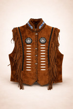 Mens Brown Western Suede Fringe Vest Native American Cowboy Leather Vest