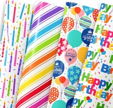 Birthday Wrapping Paper Sheets - 12 Folded Flat Sheets, 20 X 28 Inch Each