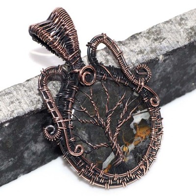 Maligano Jasper Copper Wire-Wrapped Gemstone Pendant 2.5'' Aesthetic Jewellery GW